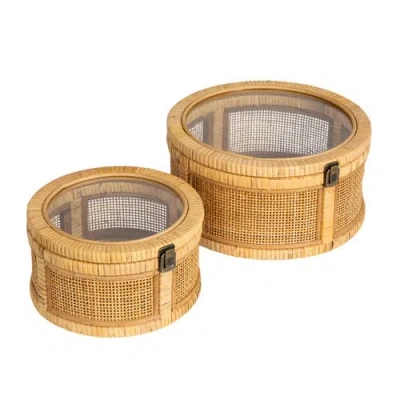 Storied Home Rattan And Wood Nestable Round Storage With Glass Lids, Natural, Set Of 2 In Brown