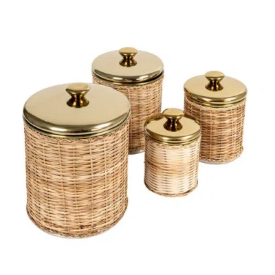 Storied Home Rattan Wrapped Stainless Steel Canisters, Set Of 4, Brass Finish In Multi