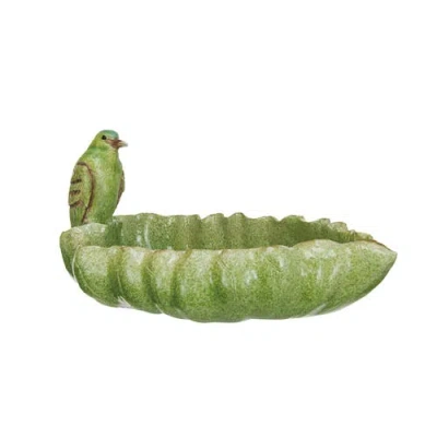 Storied Home Resin Leaf Shaped Dish With Bird And Scalloped Edge, Green