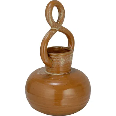 Storied Home Round Decorative Stoneware Vase With Twisted Handle And Reactive Glaze, Brown