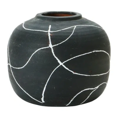 Storied Home Round Decorative Terra-cotta Vase With Hand-painted Intersecting Lines, Black And White