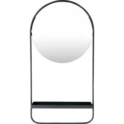 Storied Home Round Floating Metal Framed Wall Mirror With Shelf, Black