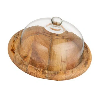 Storied Home Round Glass Cloche With Mango Wood Base In Brown