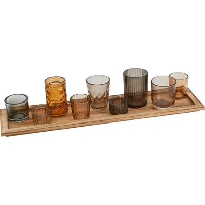 Storied Home Round Glass Votive Holders On Wood Tray, Brown, Set Of 10
