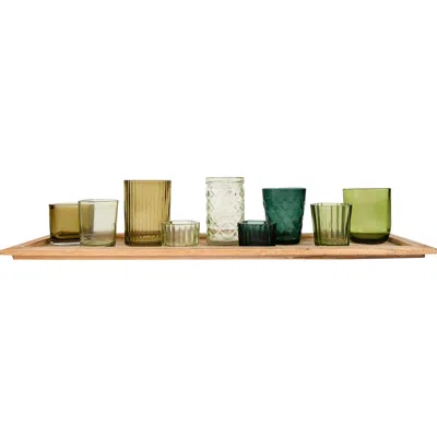 Storied Home Round Glass Votive Holders On Wood Tray, Green, Set Of 9 In Multi