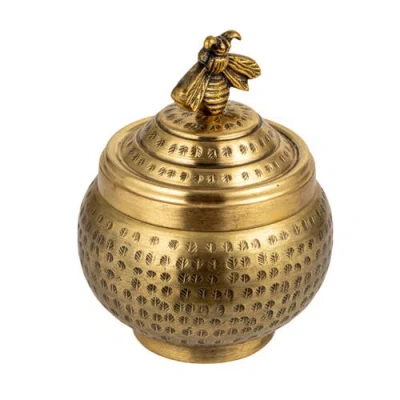 Storied Home Round Hammered Metal Container With Bee Finial, Brass Finish In Gold