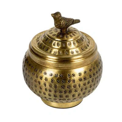 Storied Home Round Hammered Metal Container With Bird Finial, Brass Finish In Gold
