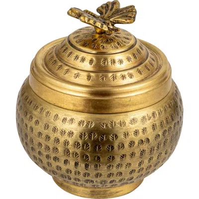 Storied Home Round Hammered Metal Container With Butterfly Finial, Brass Finish In Gold