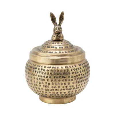 Storied Home Round Hammered Metal Container With Rabbit Finial, Brass Finish In Gold