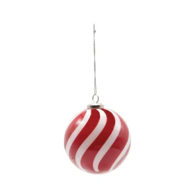 Storied Home Round Hand-blown Glass Ball Ornament With Swirled Stripes, Red And White