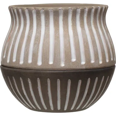 Storied Home Round Hand-painted Terra-cotta Planter With Saucer And Debossed Lines, Planter With Sau In Gray