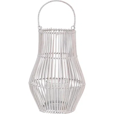 Storied Home Round Hand-woven Wood Lantern With Handle And Glass Insert In White