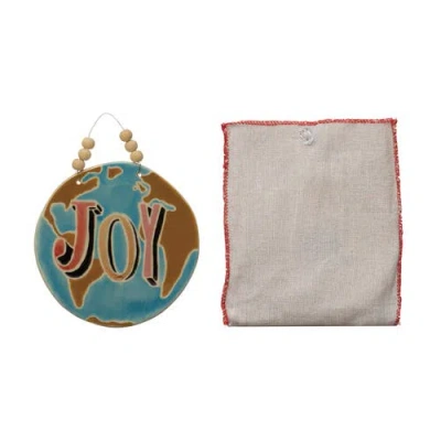 Storied Home Round Handmade Stoneware Ornament With Wax Relief "joy" In Blue