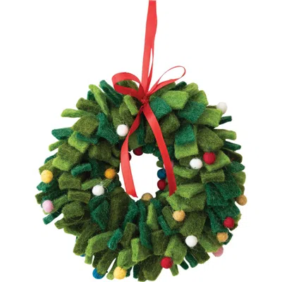 Storied Home Round Handmade Wool Felt Wreath Ornament With Multicolor Pom Poms, Green
