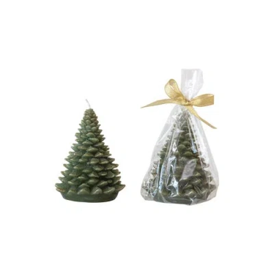 Storied Home Round Holiday Tree Shaped Candle With Gold Tips, Evergreen Color In Green