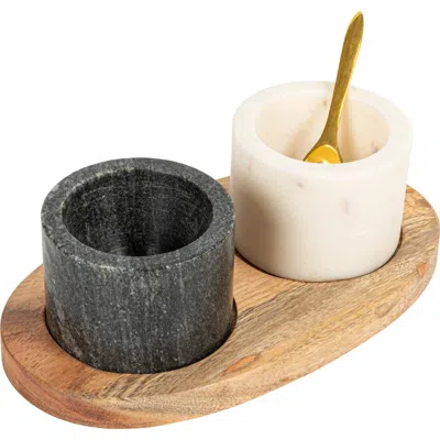 Storied Home Round Marble Bowls On Mango Wood Tray With Brass Salt Spoon, White And Black, Set Of 2