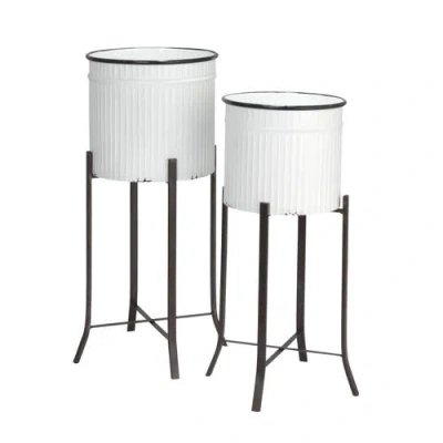 Storied Home Round Metal Planters On Stands, White And Black, Set Of 2