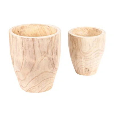 Storied Home Round Paulownia Wood Planters, Natural, Set Of 2 In White