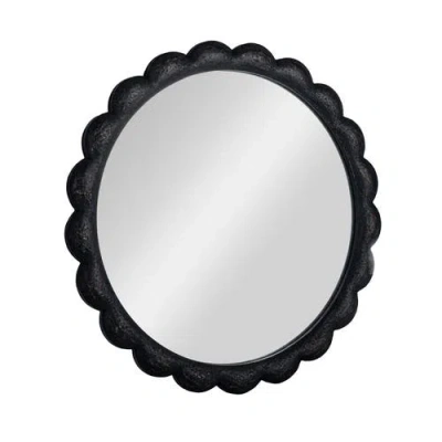 Storied Home Round Scalloped Distressed Wood Wall Mirror, Black
