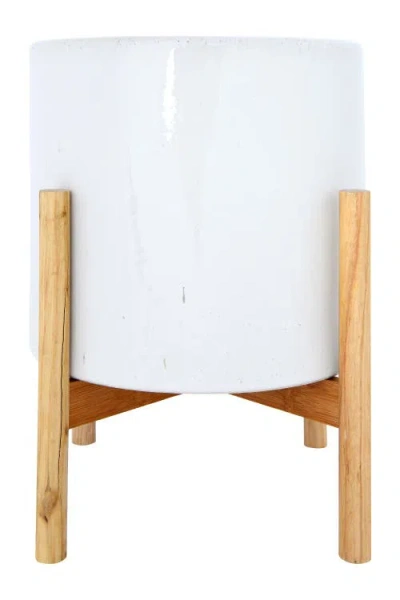 Storied Home Round Stoneware Planter On Wood Holder In White