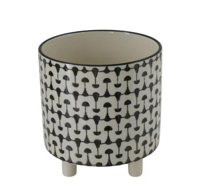 STORIED HOME STORIED HOME ROUND STONEWARE PLANTERS WITH GEOMETRIC PRINTS, BLACK AND WHITE