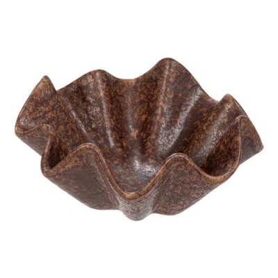 Storied Home Round Stoneware Ruffled Bowl With Reactive Glaze, Brown