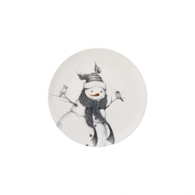 Storied Home Round Stoneware Serving Platter With Snowman And Birds Image, Black, White And Orange C
