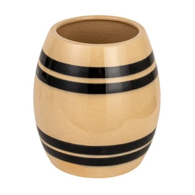 Storied Home Round Stoneware Vintage Reproduction Crock With Stripes And Crackle Glaze, Black And Cr In Nude