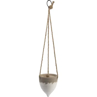 Storied Home Round Terra-cotta Hanging Planter On Jute Rope, Distressed White And Beige