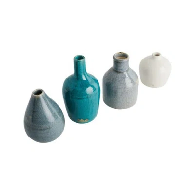 Storied Home Round Terracotta Vases, Blue And Ivory, Set Of 4 In Multi