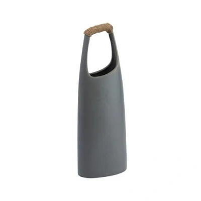 Storied Home Small Stoneware Vase With Rattan Wrapped Top Handle, Grey In Gray