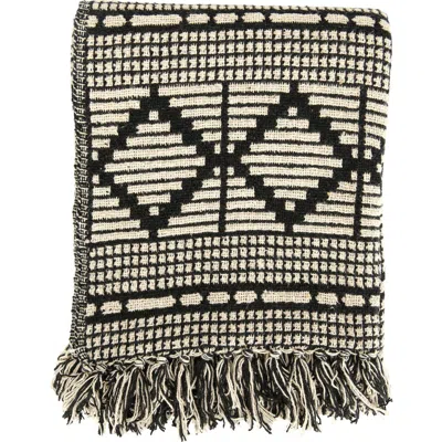 Storied Home Soft Reclaimed Cotton Blend Throw With Diamond Pattern And Fringe, Black And Beige