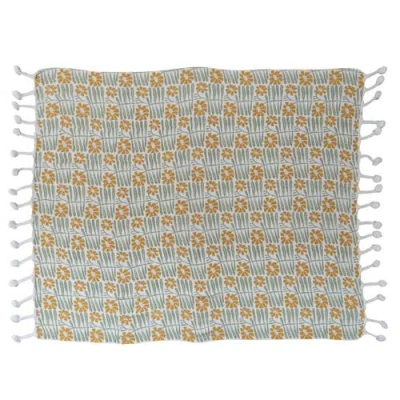 Storied Home Soft Woven Reclaimed Cotton Blend Printed Throw With Flowers And Pompom Tassels, Sage A In Multi