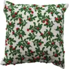 Storied Home Square Cotton And Linen Pillow With Embroidered Mistletoe Pattern And Pom Poms, Natural In Green