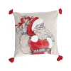 Storied Home Square Cotton Chambray Printed Pillow With Embroidered Santa Image, Tufting, Pom Poms A In Red