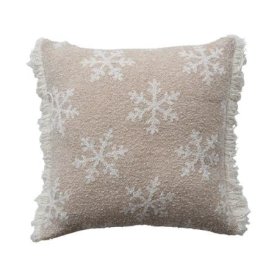 Storied Home Square Woven Fabric Jacquard Two-sided Pillow With Snowflake Pattern And Fringe, Beige  In Neutral