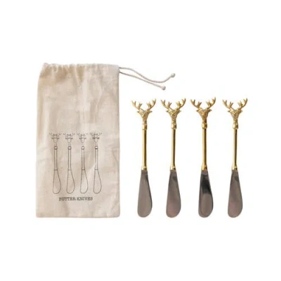 Storied Home Stainless Steel And Brass Canapé Knives With Gold Finish Reindeer Handles, Set Of 4