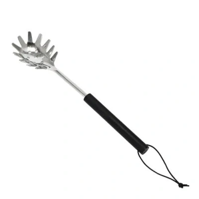 Storied Home Stainless Steel Slotted Pasta Server With Mango Wood Handle And Leather Tie In Black