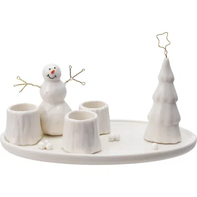 Storied Home Stoneware And Wire Taper Holder With Snowman And Tree, White