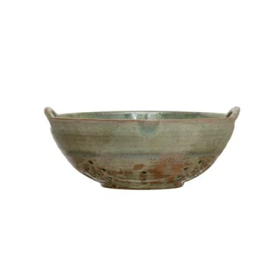 Storied Home Stoneware Berry Bowl With Handles, Aqua Reactive Glaze In Green