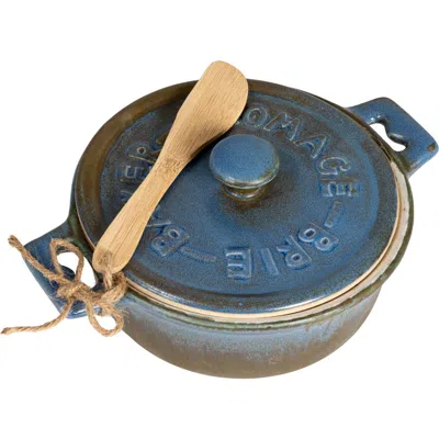 Storied Home Stoneware Brie Baker With Wood Spreader Set In Blue