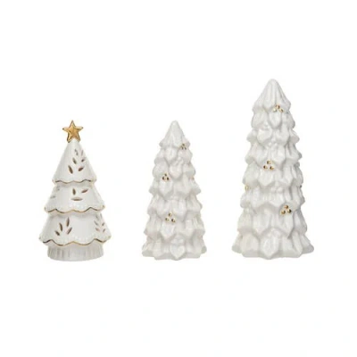 Storied Home Stoneware Christmas Trees With Gold Electroplating And Led, Cream, Set Of 3 In White