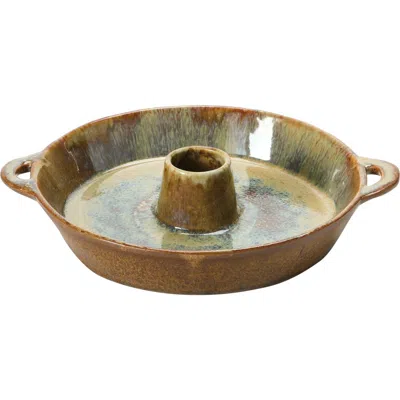 Storied Home Stoneware Dish With Toothpick Holder, Reactive Glaze, Brown