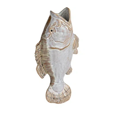 Storied Home Stoneware Fish Shaped Wall Vase With Reactive Glaze, White And Tan In Brown