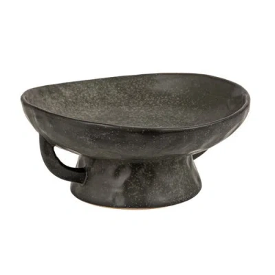 Storied Home Stoneware Footed Pedestal Bowl With Handles, Reactive Glaze, Black