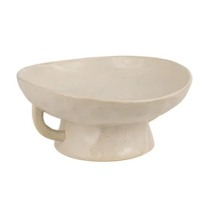 Storied Home Stoneware Footed Pedestal Bowl With Handles, Reactive Glaze, White