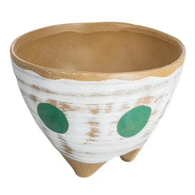 Storied Home Stoneware Footed Planter With Painted Geometric Design In White