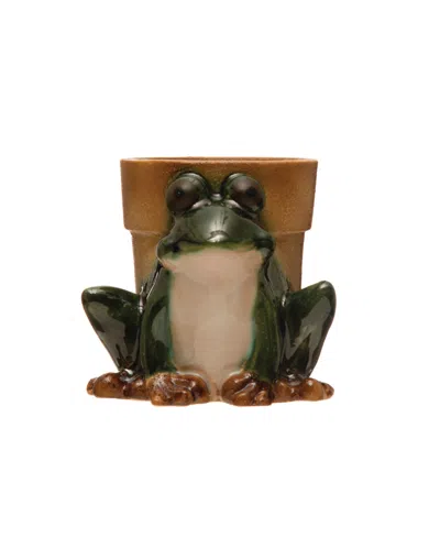 Storied Home Stoneware Frog Planter In Green