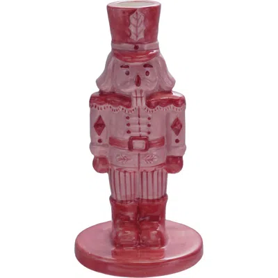 Storied Home Stoneware Nutcracker Taper Holder, Pink & Red In White