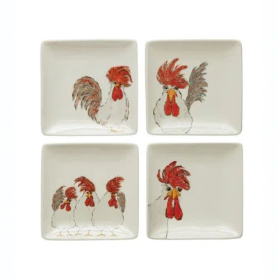 Storied Home Stoneware Plate With Chicken, Set Of 4 Styles In White